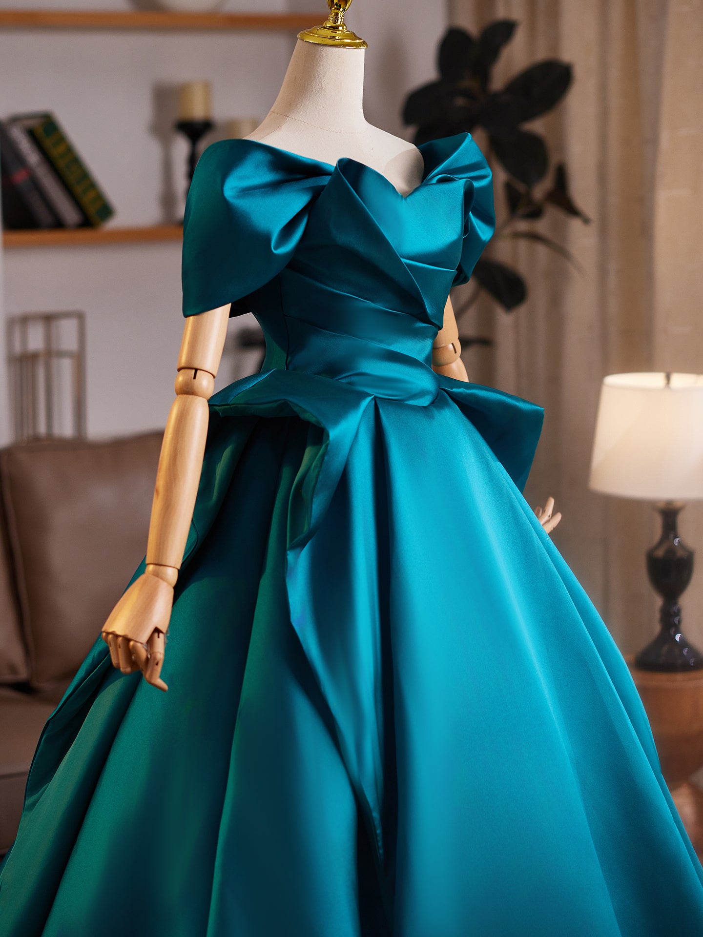 Teal Off Shoulder Satin Evening Dress with Bow Details E039