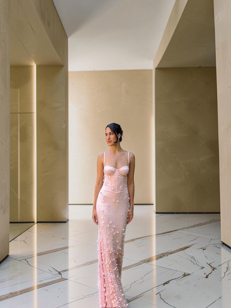 Luxury Blush Pink Sequin 3D Floral Corset Gown DN123
