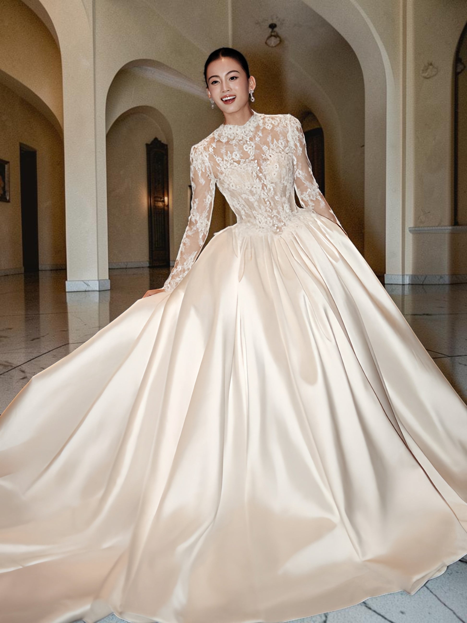 Elegant High-Neck Lace Satin Ball Gown Wedding Dress QD214