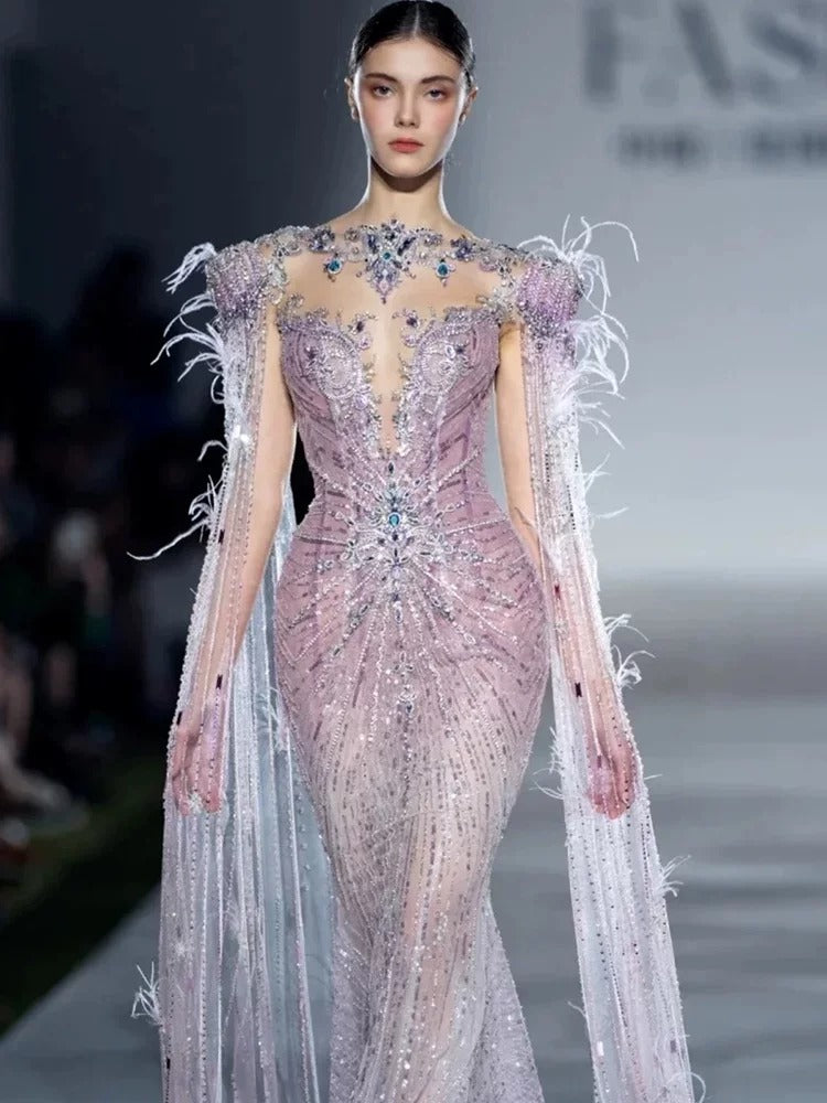 Sparkling Pink Mermaid Dress with Feather Details with Sheer Cape Sleeves SL143