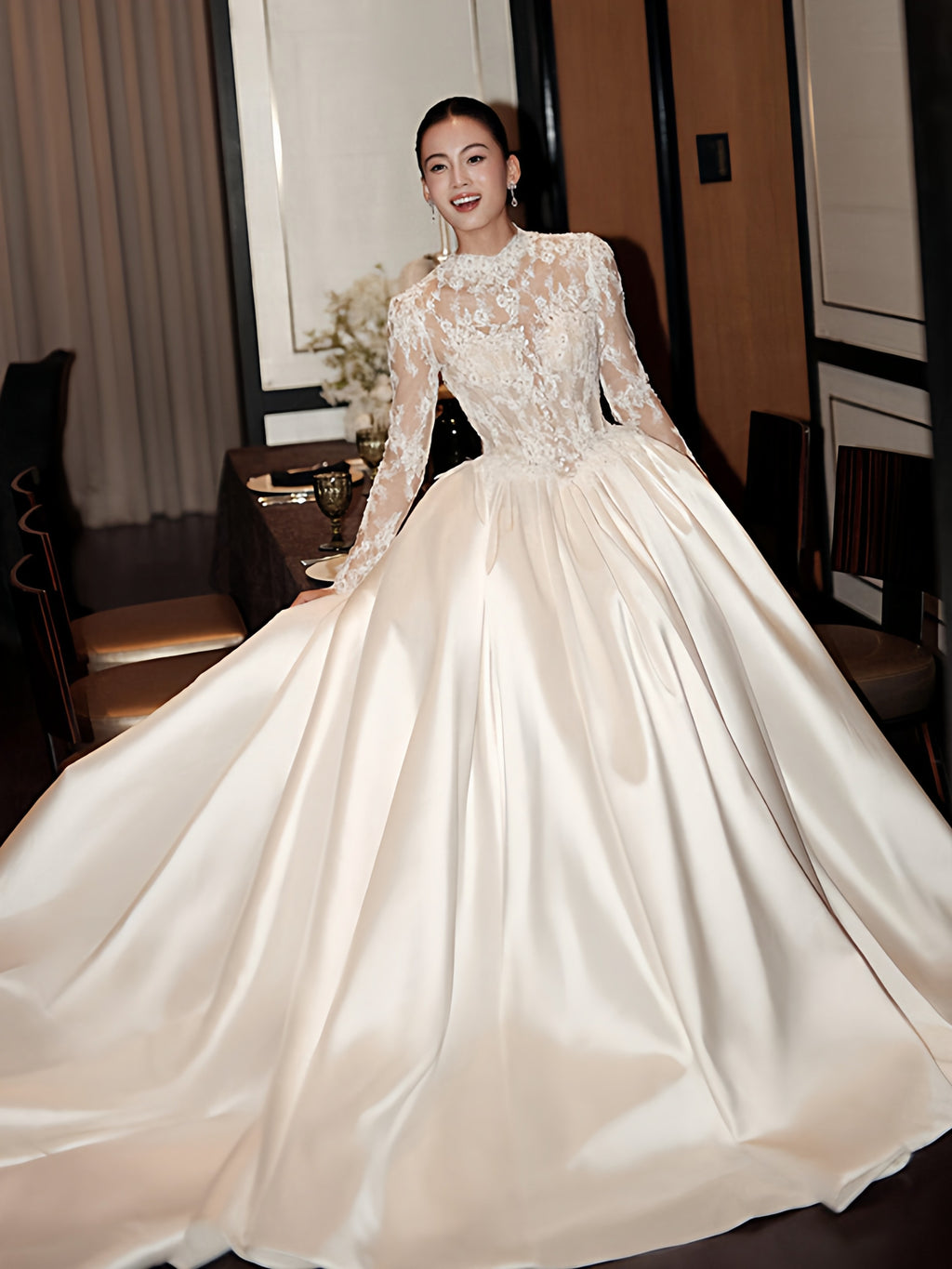 Elegant High-Neck Lace Satin Ball Gown Wedding Dress QD214