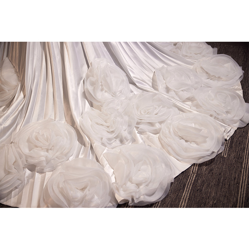 White Satin Evening Dress with Flower Shaped Puff Sleeves E046