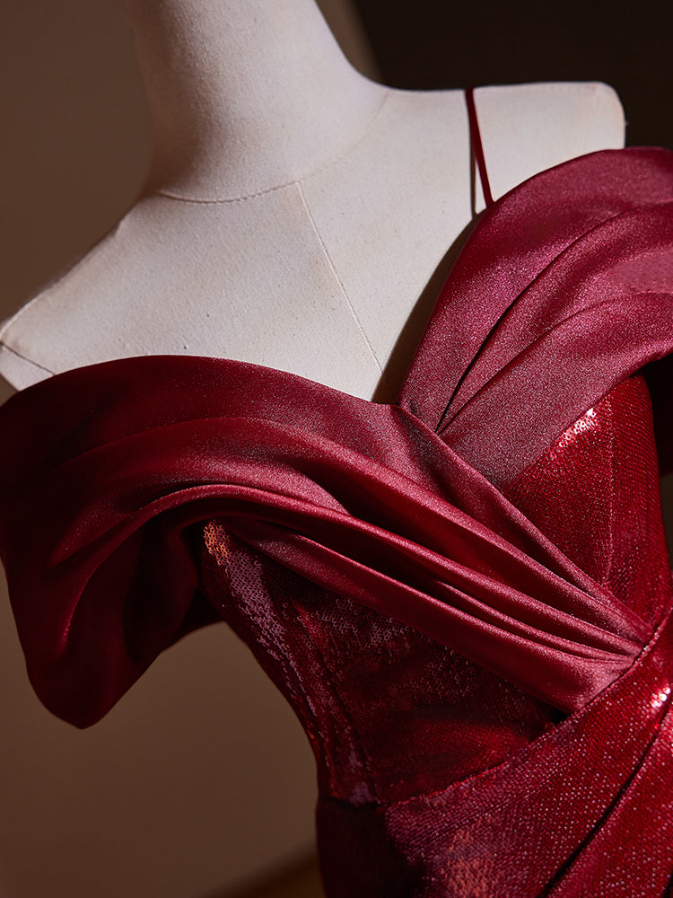 Red Off Shoulder Mermaid Evening Dress with Ruffle Detail E044