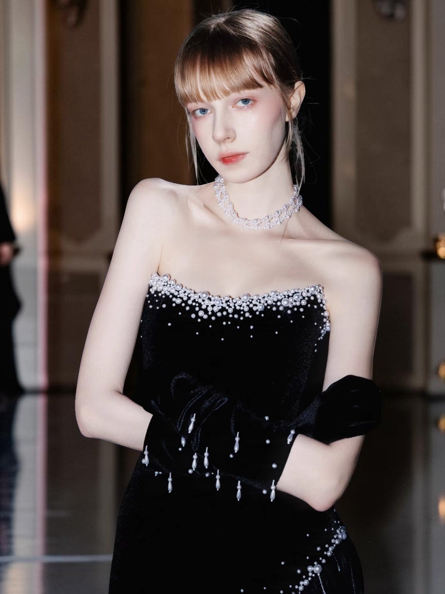 High-End Midnight Velvet Pearl Stardust Evening Dress YJ122