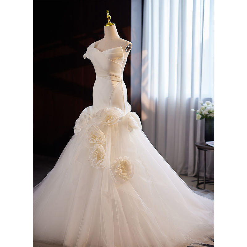 White Off Shoulder Evening Dress with 3D Floral Tulle Skirt E040