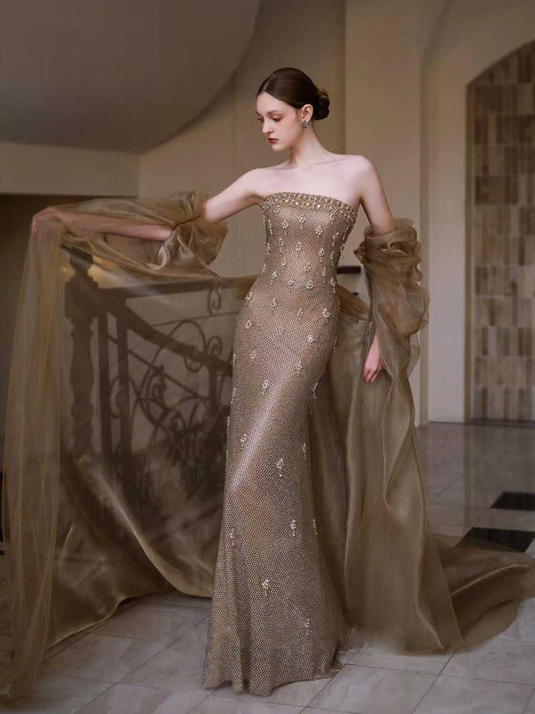 Champagne Beaded Strapless Mermaid Evening Dress with Tulle Shawl E014