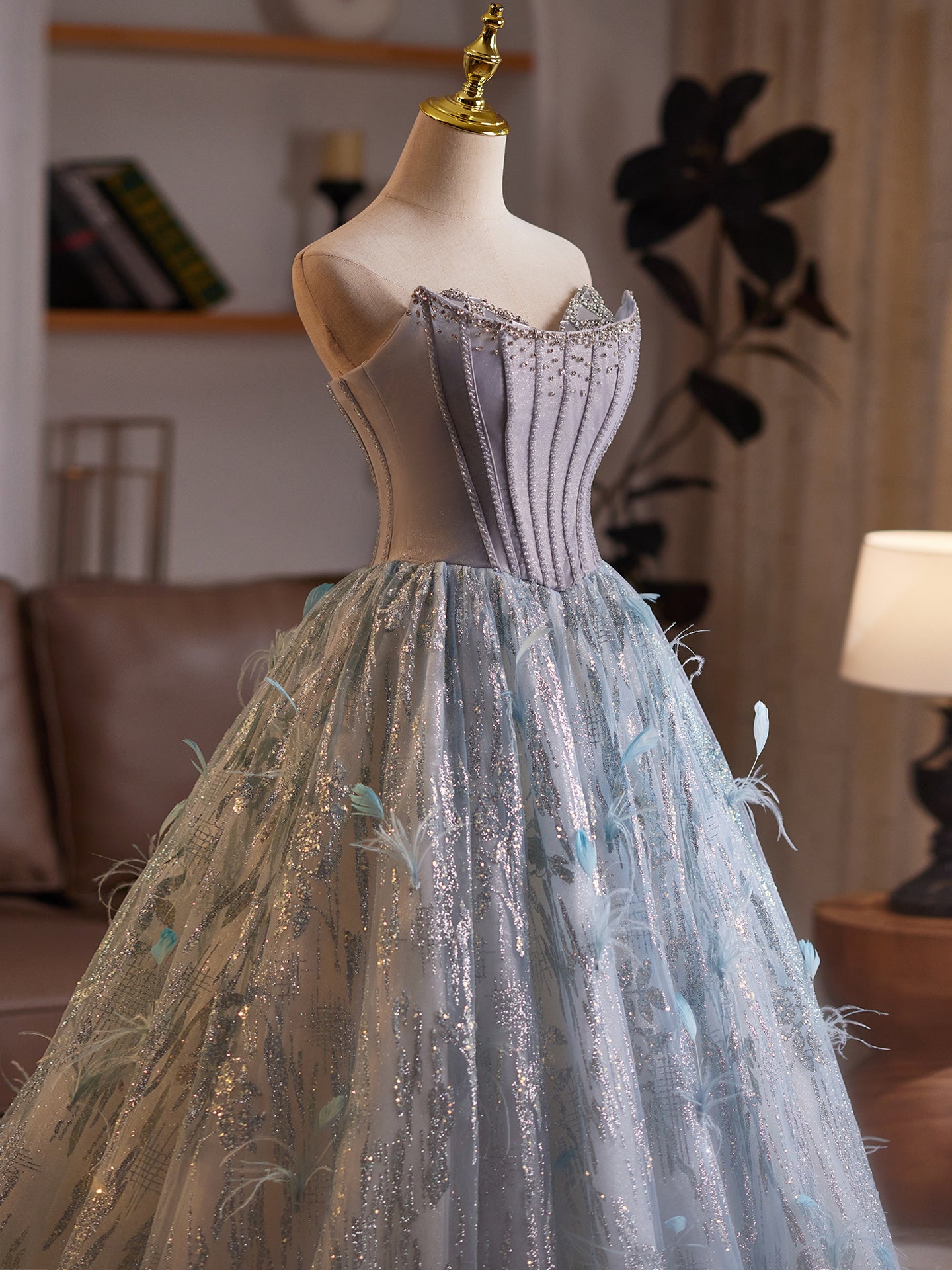 Gray Tulle Evening Dress with Feather & Sequin Details E031