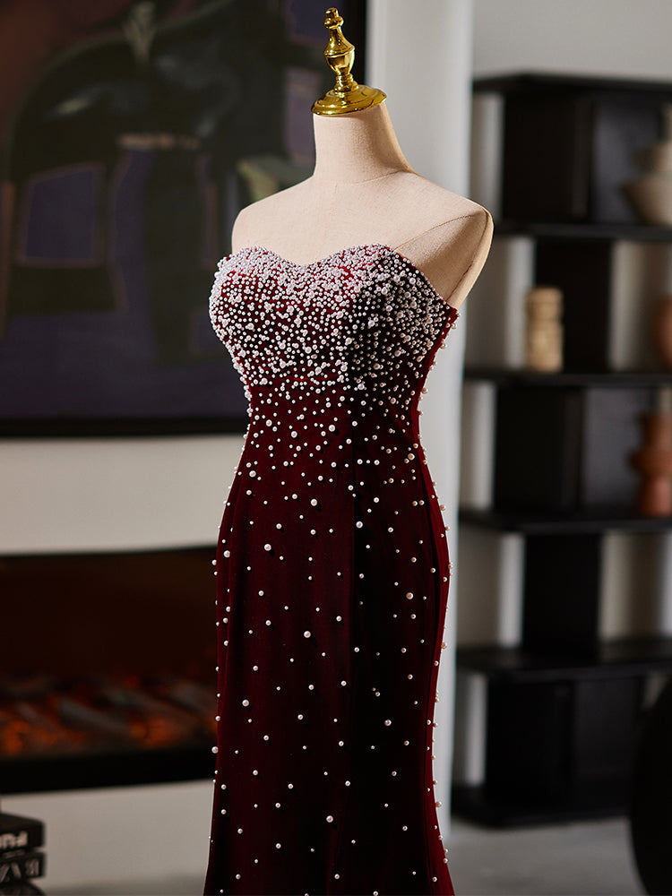 Burgundy Strapless Evening Dress with Pearl Embellishments E035