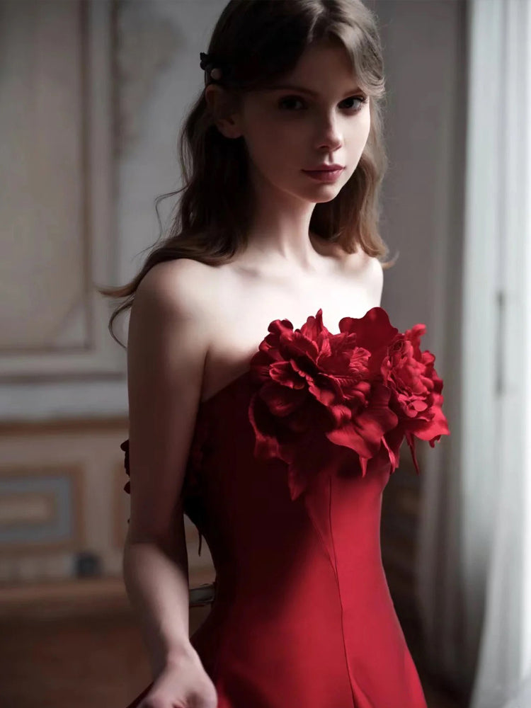 Strapless 3D Floral Satin Evening Dress E015