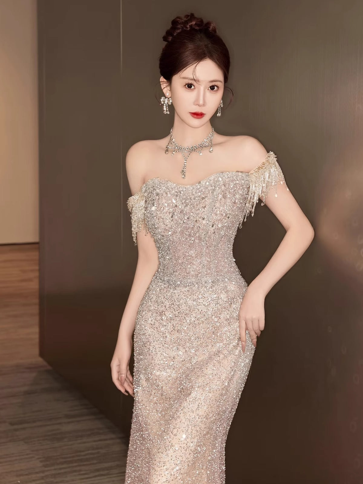 Sparkly Ombre Off - Shoulder Mermaid Evening Dress E010