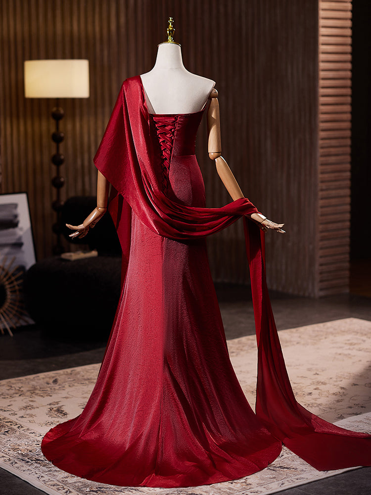 Red Satin Evening Dress with Draped Sleeves E047