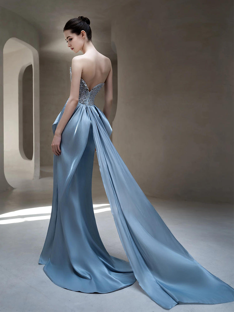 Strapless Beaded Bodice Satin Evening Dress with Draped Train E017