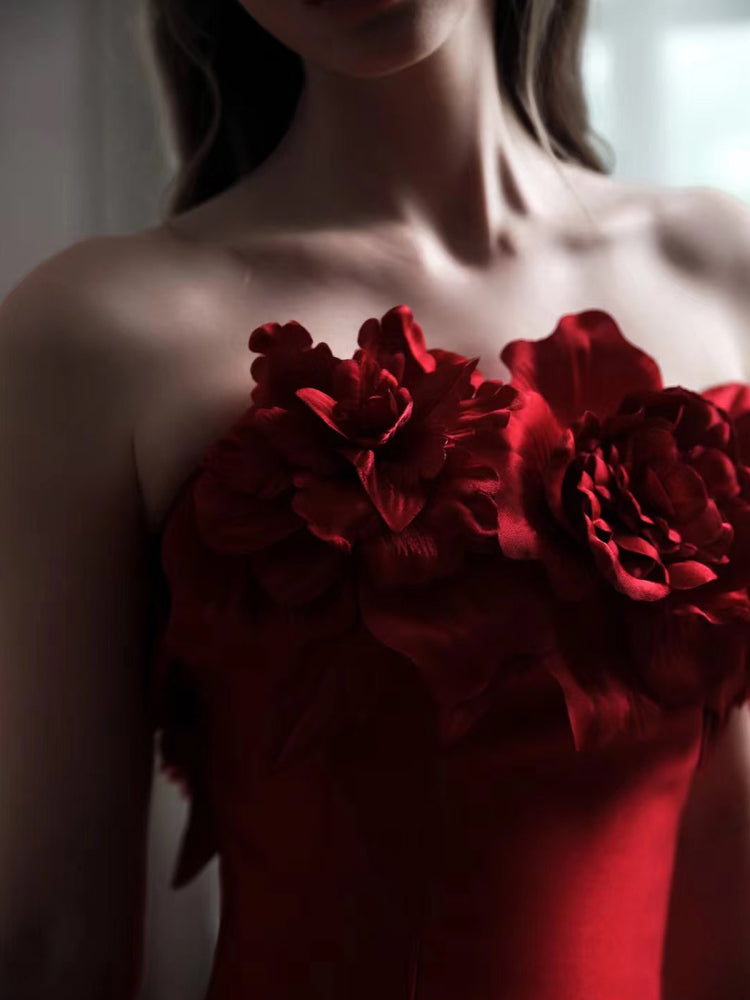 Strapless 3D Floral Satin Evening Dress E015