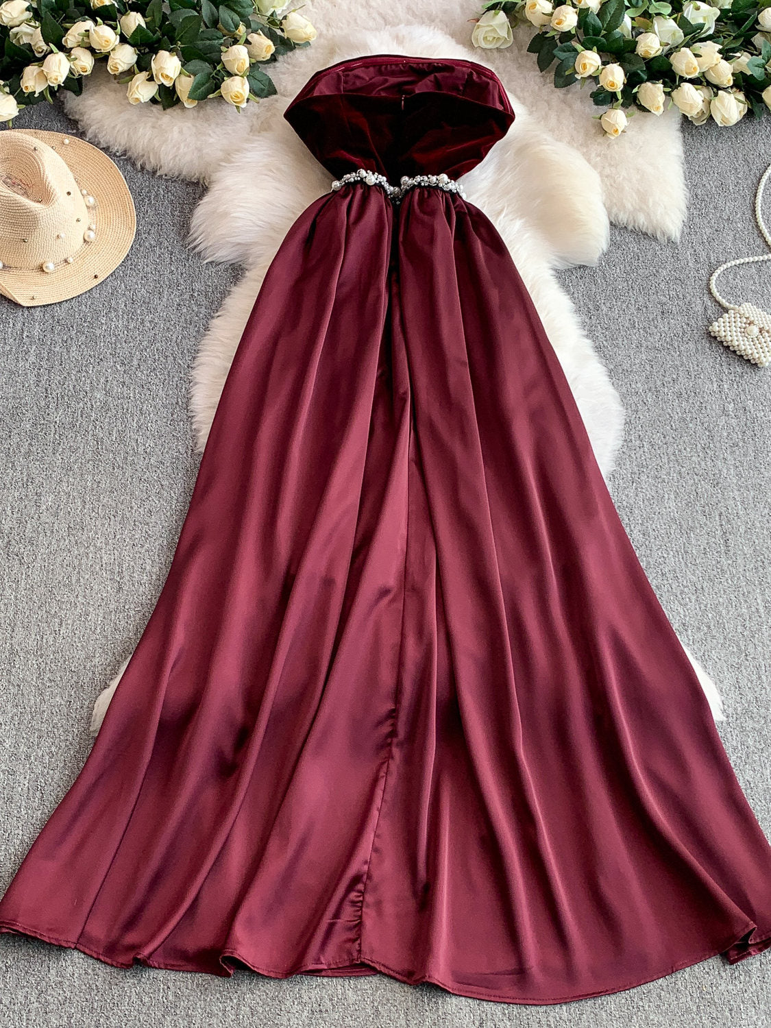 Elegant Burgundy Strapless Evening Dress SY137
