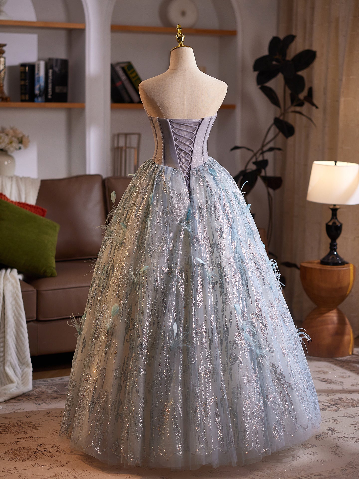 Gray Tulle Evening Dress with Feather & Sequin Details E031