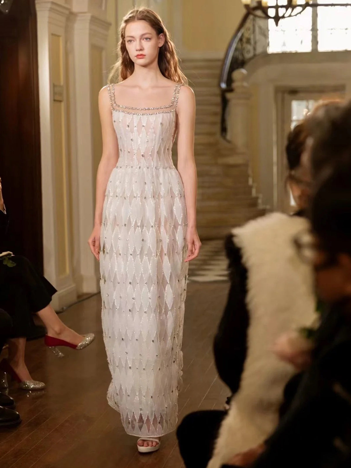 Sleeveless Diamond Patterned Sheer Evening Dress E003