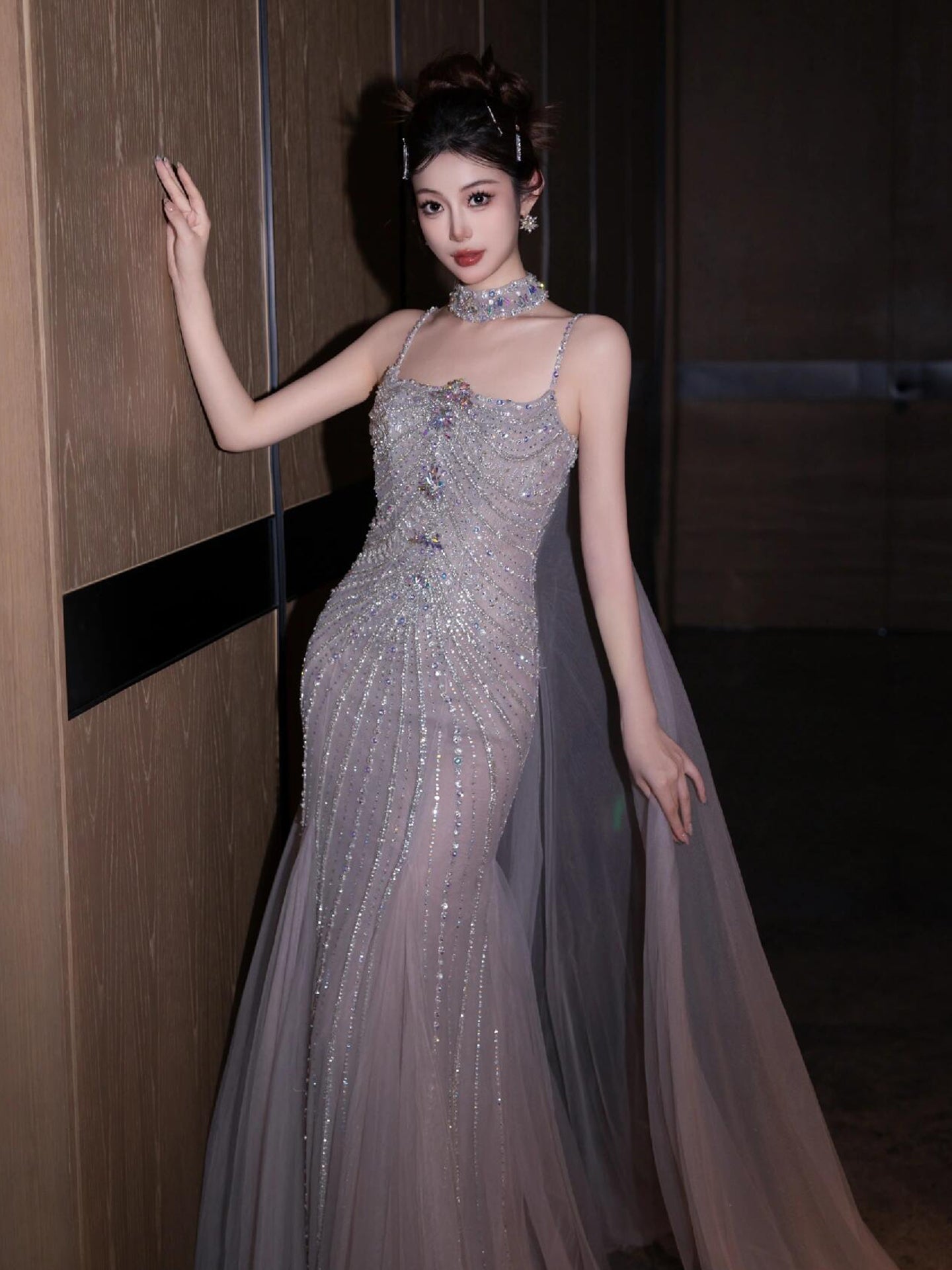 Sparkling Beaded Tulle Mermaid Evening Dress E006
