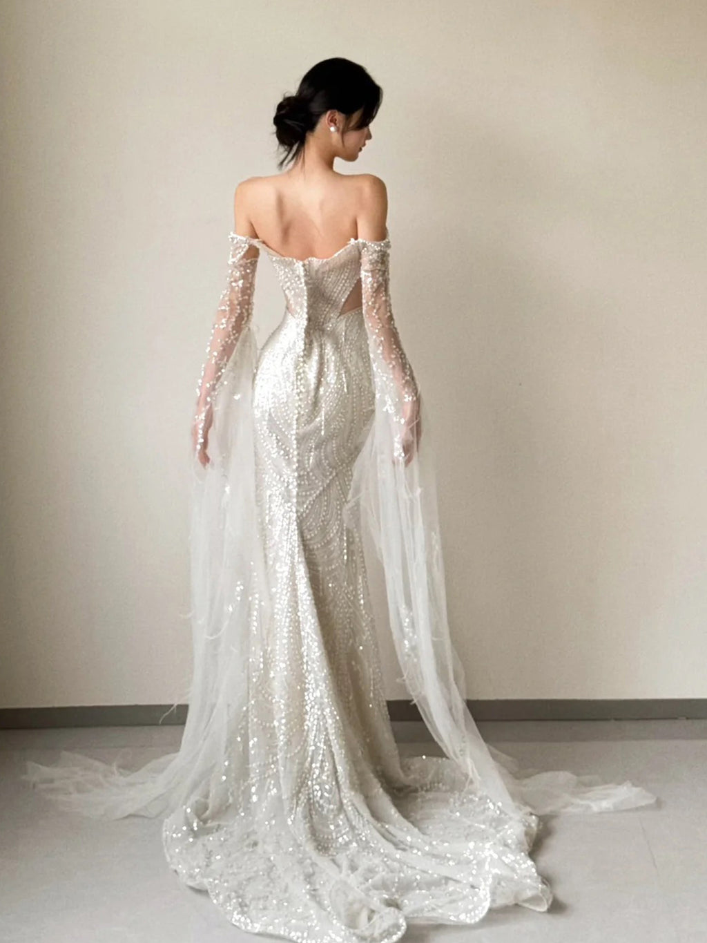  Off Shoulder Pearl Embellished Mermaid Evening Dress with Tulle Cape E004