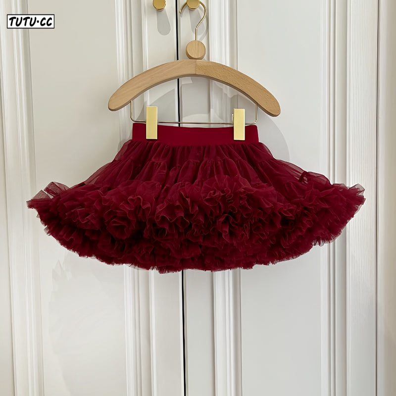 Little Princess Black Capelet Top Voluminous Red Skirt Outfit for Chrismas