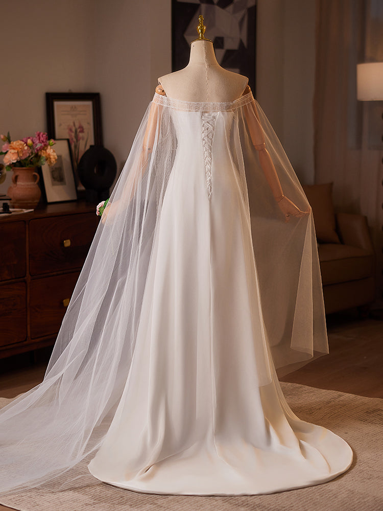 White Off Shoulder Evening Dress with Sheer Cape Sleeves E041