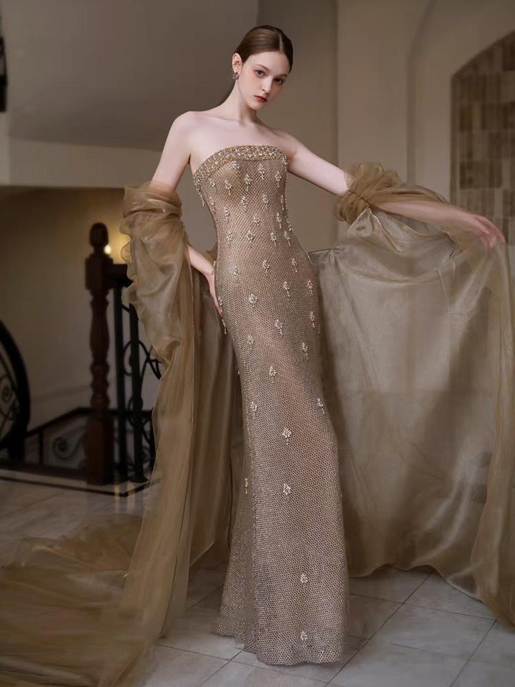 Champagne Beaded Strapless Mermaid Evening Dress with Tulle Shawl E014