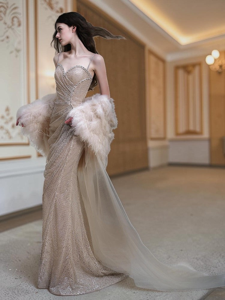Glamorous Beaded Spaghetti Strap Evening Dress with Feather Cape E012