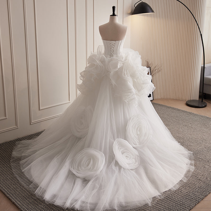 White Tulle Evening Dress with Ruffled Organza Skirt E034