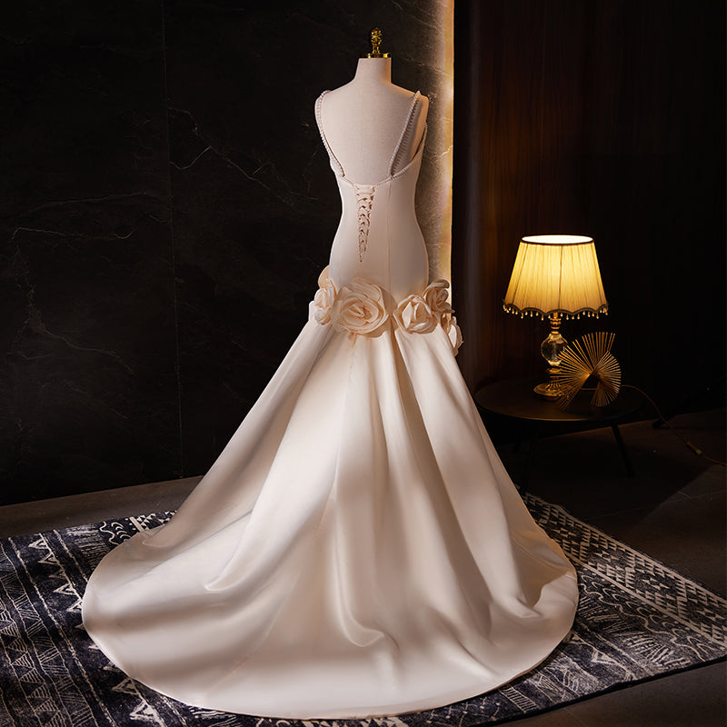 Beige Satin Evening Dress with 3D Floral Embellishment E028