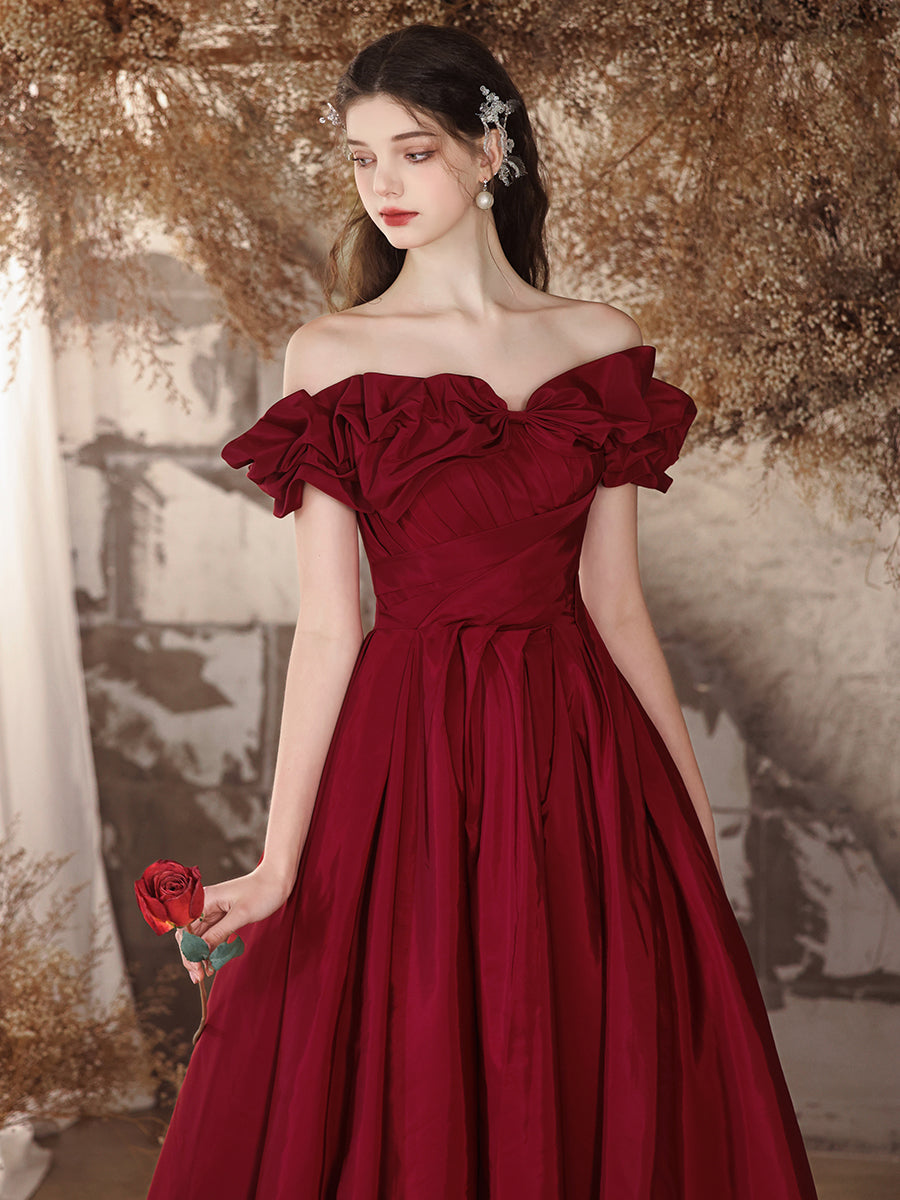 Burgundy Off - Shoulder Ruffled Ball Gown Evening Dress E016