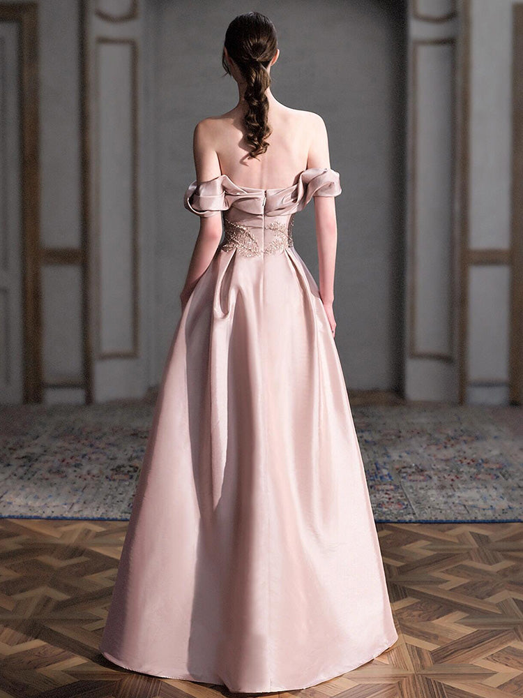 Blush Pink Off Shoulder Satin Evening Dress with Embroidered Waist E052