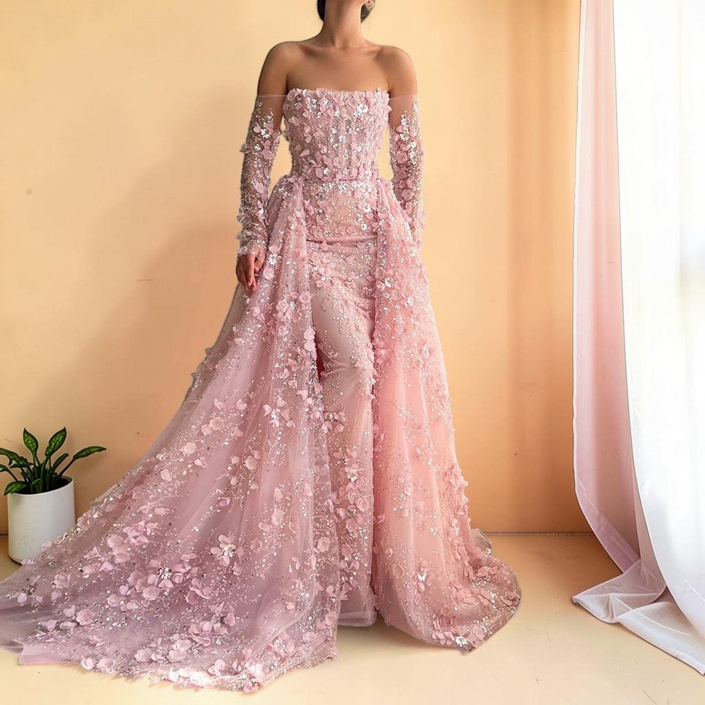 Elegent White Off-Shoulder 3D Floral Evening Gown with Sheer Sleeves SL200