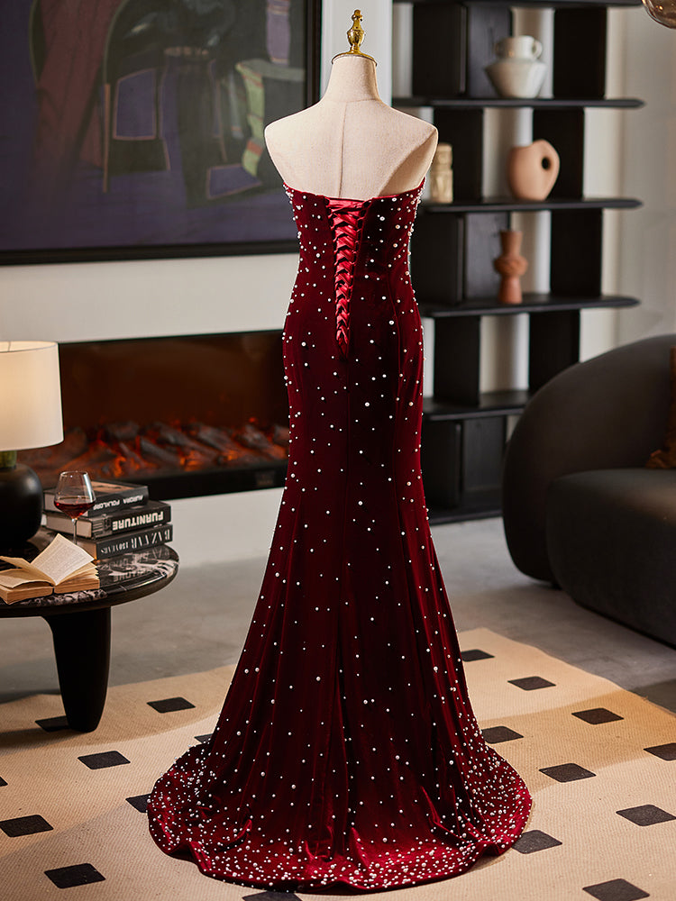 Burgundy Strapless Evening Dress with Pearl Embellishments E035