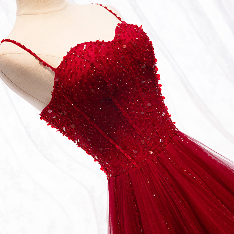 Red Spaghetti Strap Evening Dress with Beaded Bodice E038