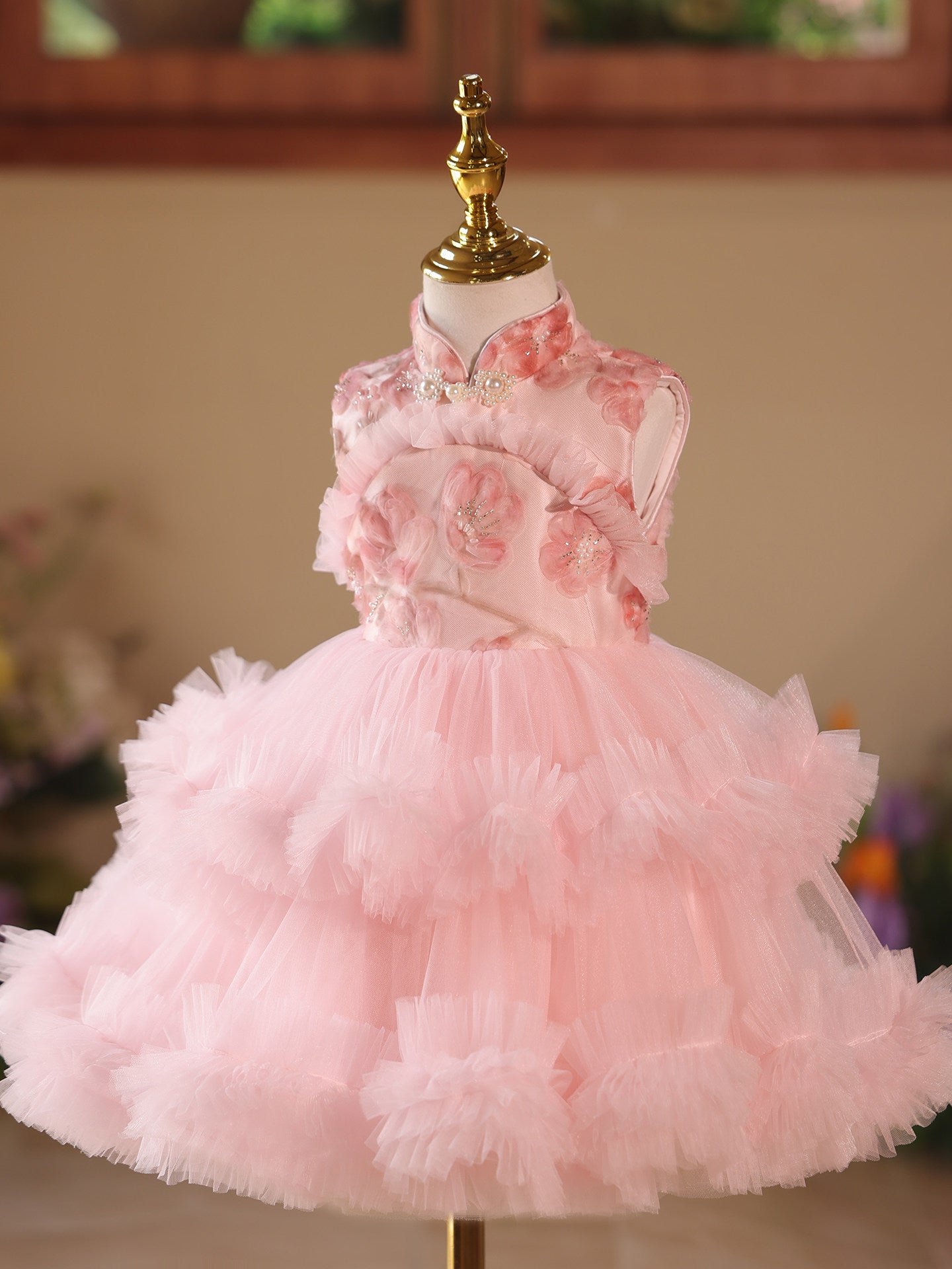 Princess Pink 3D Flowers Girl Pageant Dress For Birthday Party SL113