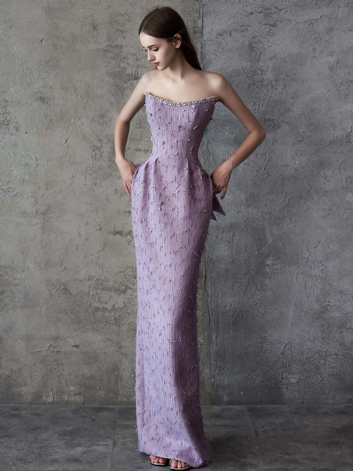 Strapless Beaded Trim Tweed Mermaid Evening Dress E018