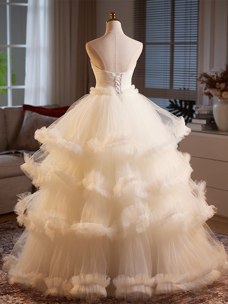 Ivory Strapless Tiered Tulle Evening Dress E026