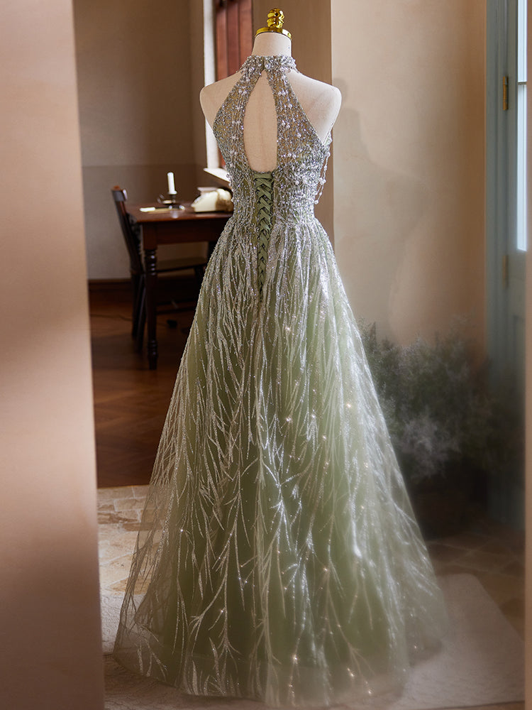 Green Halter Neck Evening Dress with Silver Beadwork E030