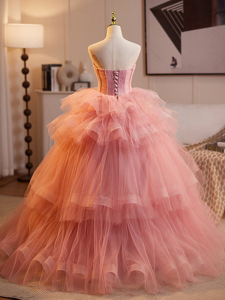 Pink Tiered Tulle Ball Gown Evening Dress E048