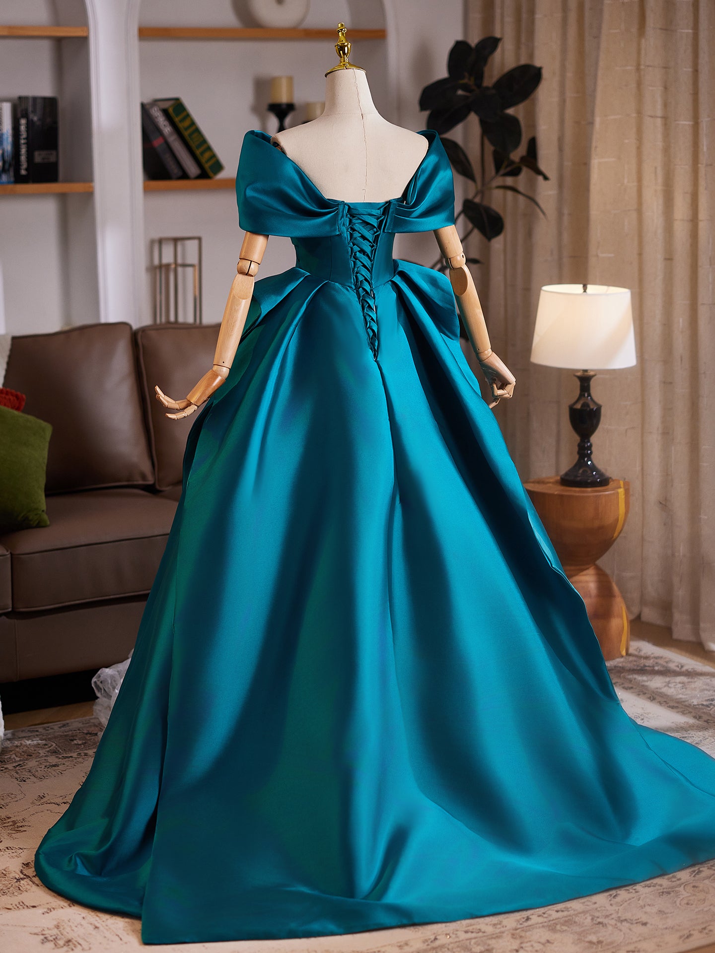 Teal Off Shoulder Satin Evening Dress with Bow Details E039