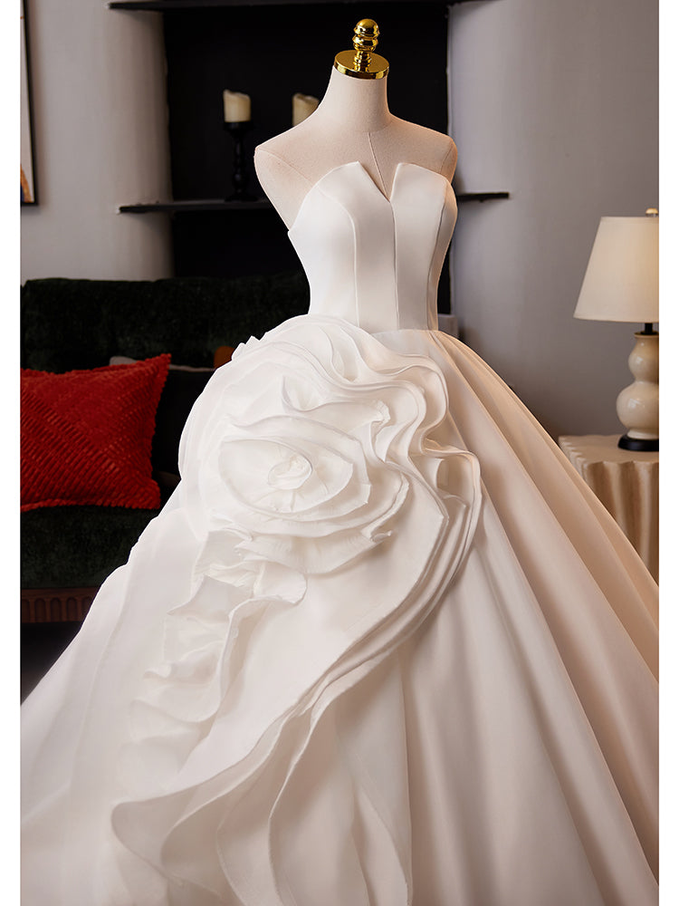 White Strapless Evening Dress with Large Floral Detail E056