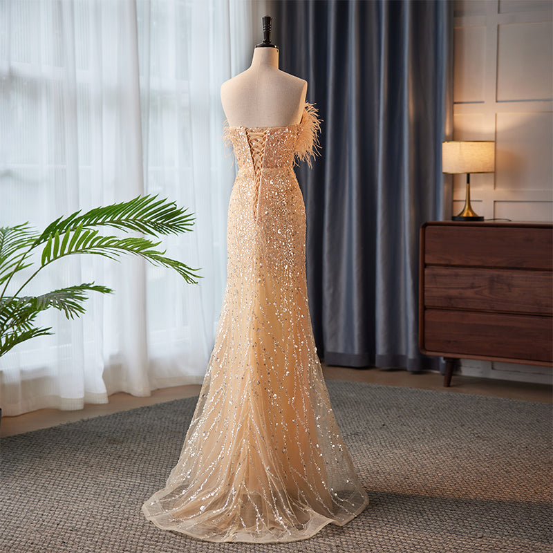 Champagne Feather - Trimmed Evening Dress with Sequins E037