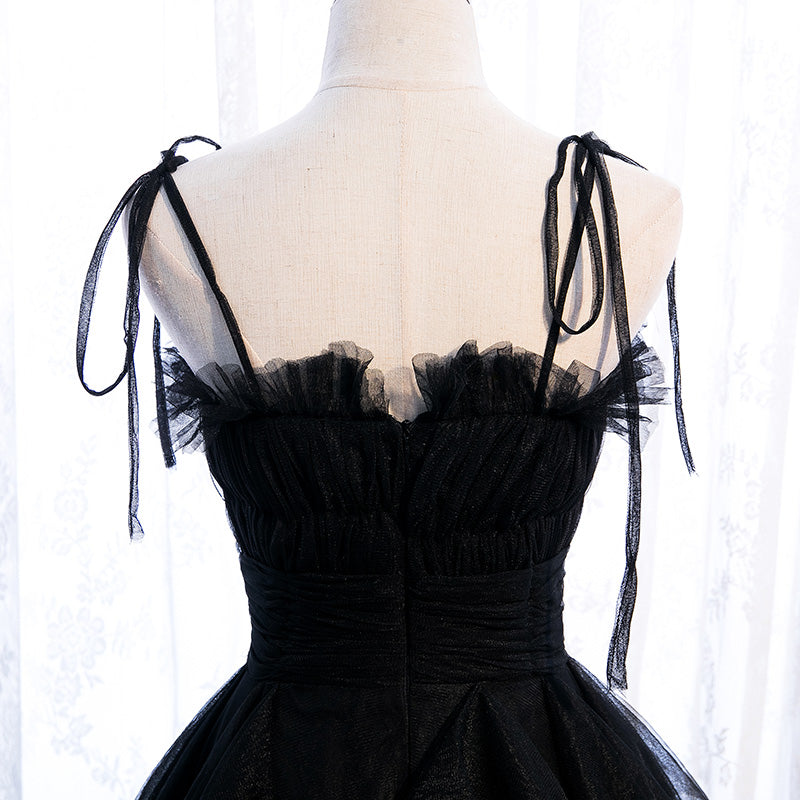 Black Tiered Tulle Evening Dress with String Straps E045