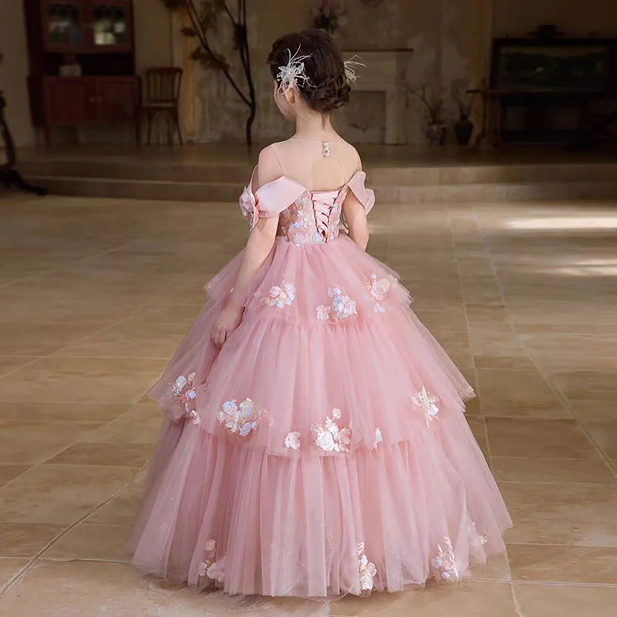 Blush Pink Floral Embroidered Flower Girl Dress Ball Gown SL139