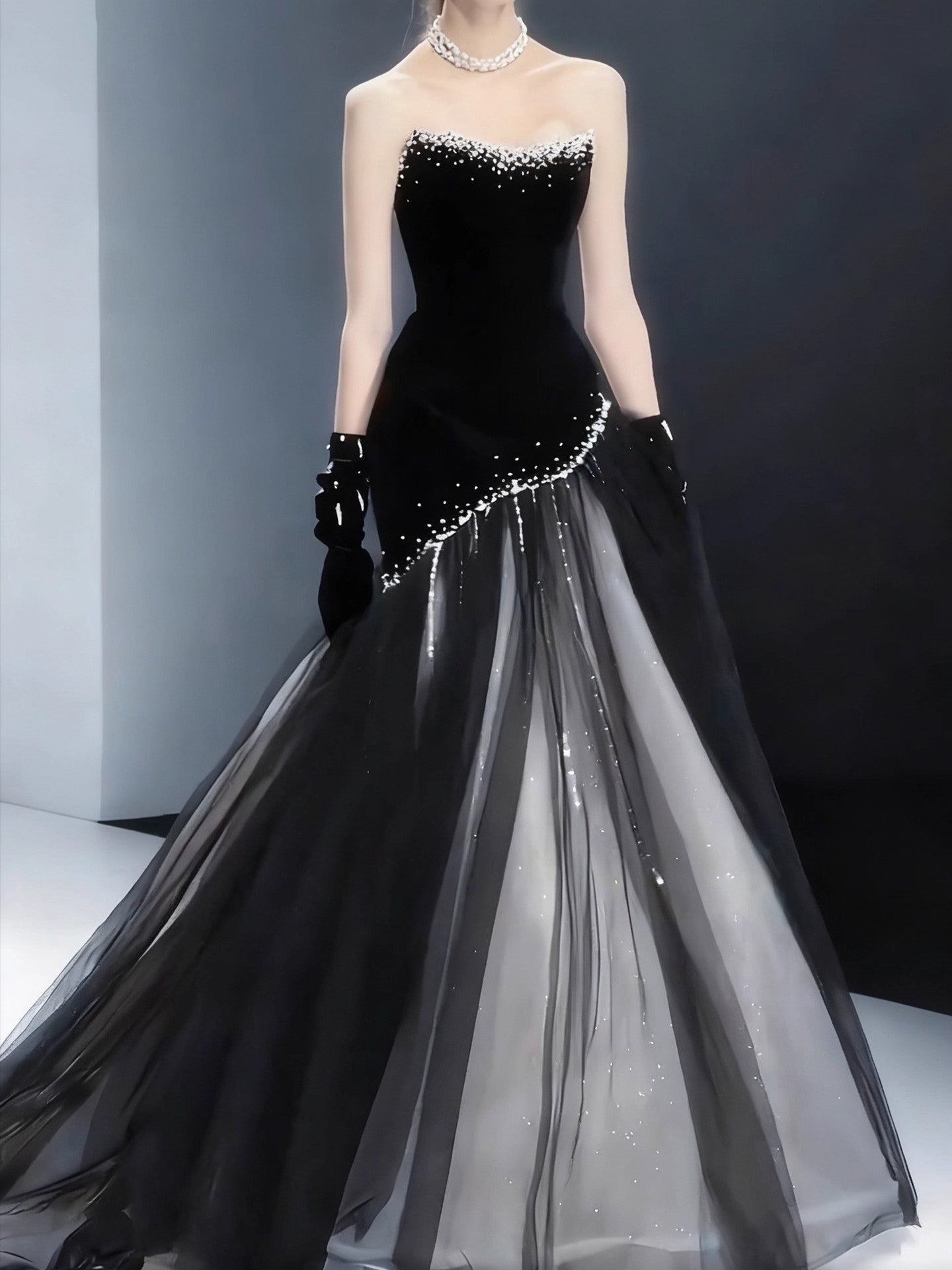 High-End Midnight Velvet Pearl Stardust Evening Dress YJ122