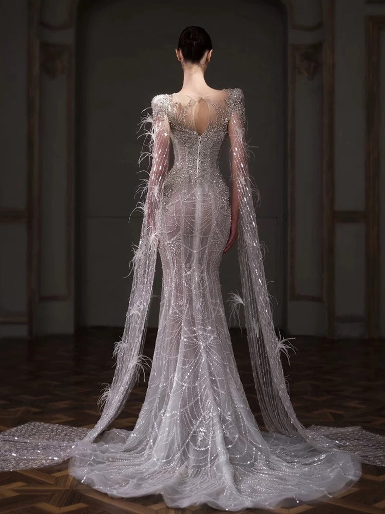 Luxury Silver Beaded Mermaid Wedding Dress with Feather Cape Sleeves SL130