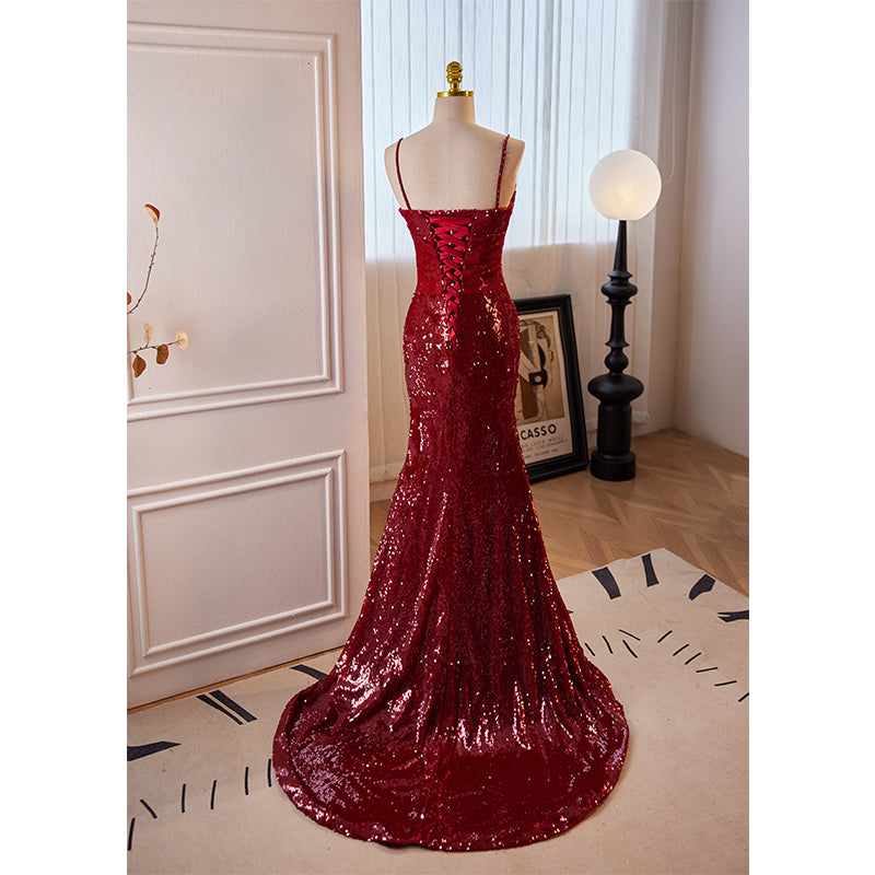 Red Sequin Spaghetti Strap Mermaid Evening Dress E050