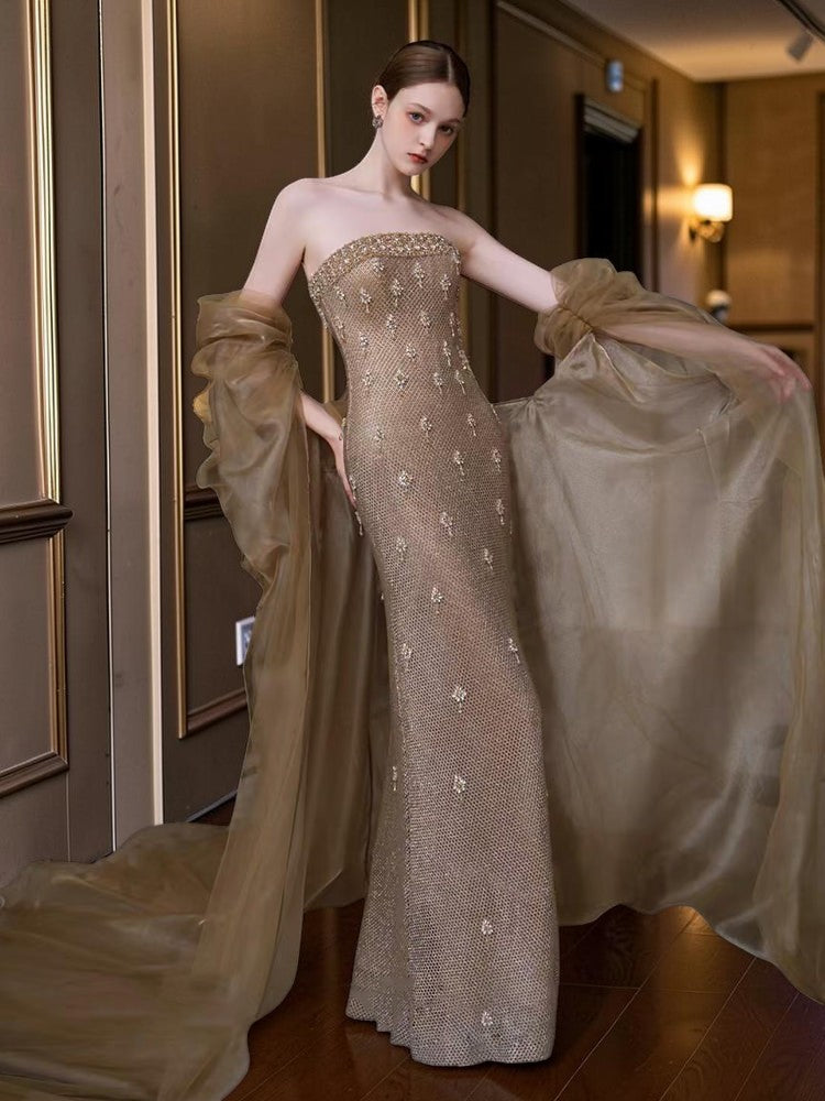 Champagne Beaded Strapless Mermaid Evening Dress with Tulle Shawl E014