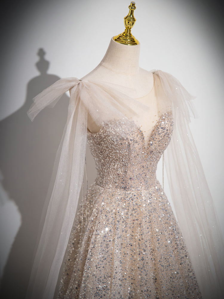 Champagne Sequin Evening Dress with Sheer Cape Sleeves E053