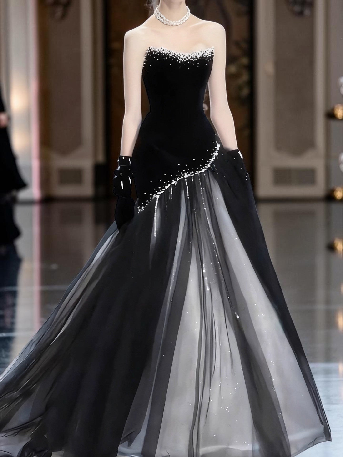 High-End Midnight Velvet Pearl Stardust Evening Dress YJ122