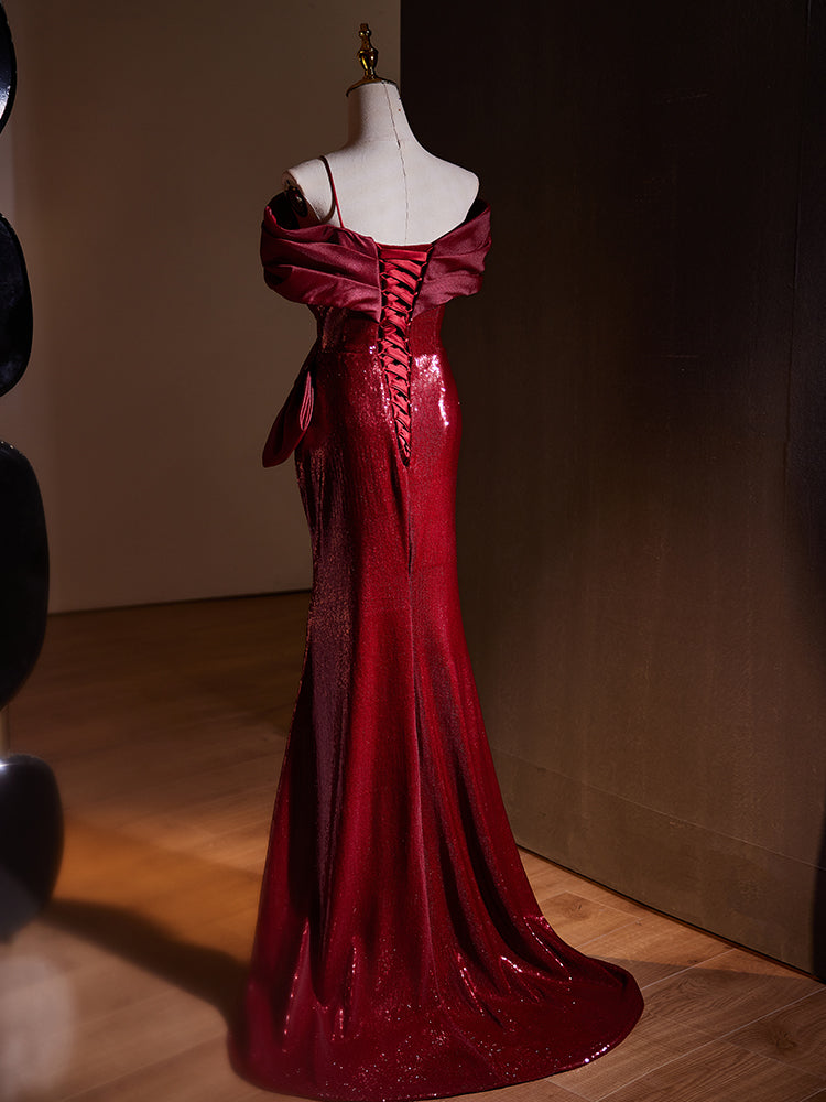 Red Off Shoulder Mermaid Evening Dress with Ruffle Detail E044